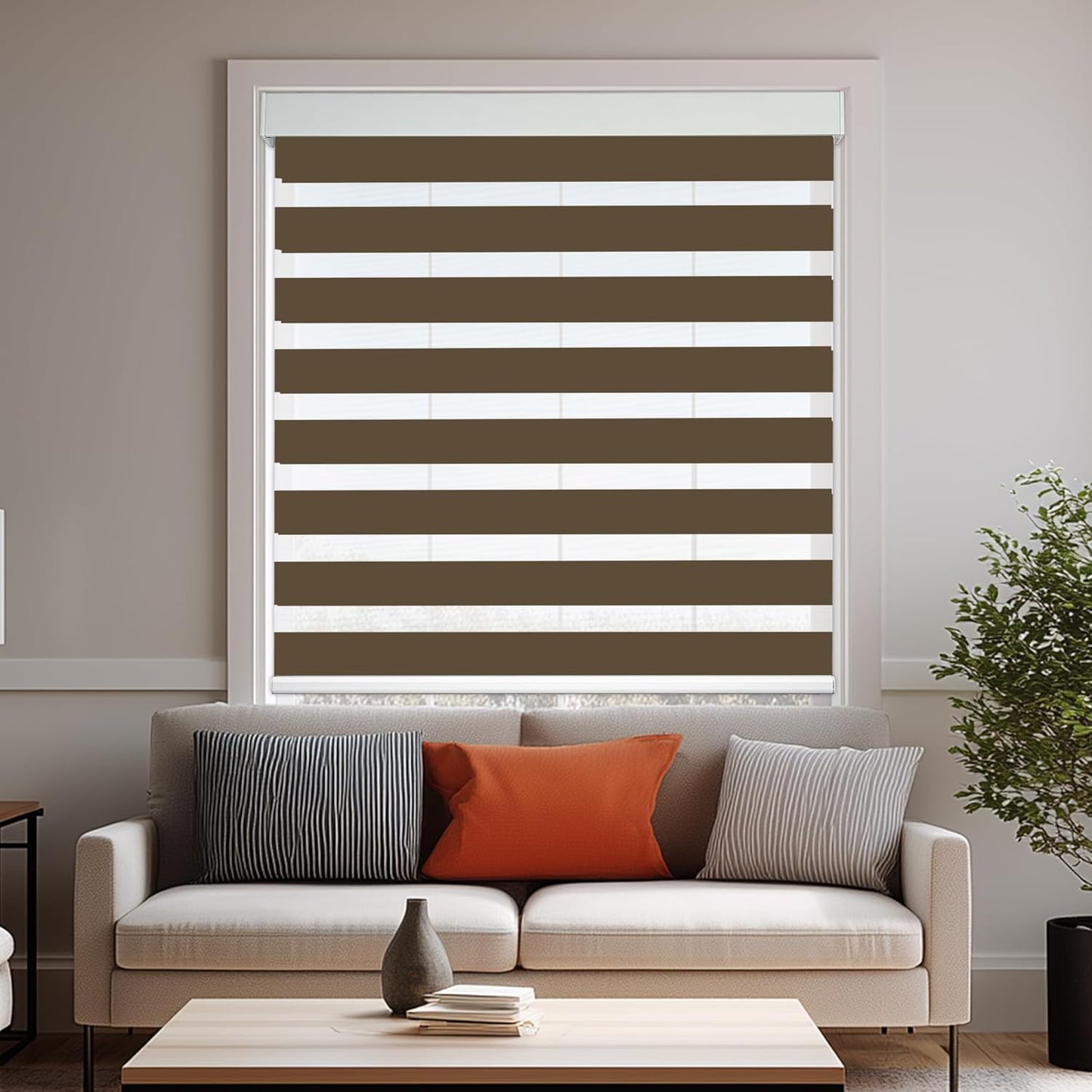HESTIA Cordless Zebra Blinds Light Filtering Roller Shades UV Blocking Blackout Privacy Indoor Window Shades for Home Office Day and Night, Brown,48" W x 48" H