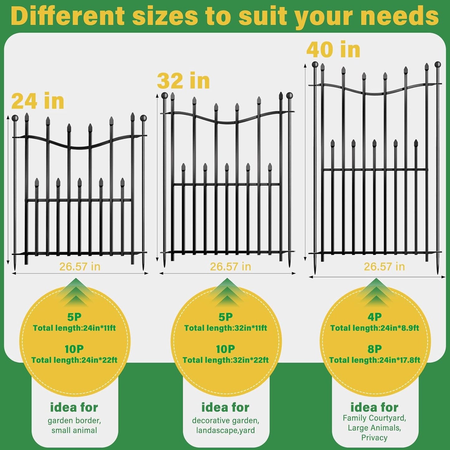 8 Panels No Dig Decorative Garden Fence, 40in(H)×17.6ft(L) Heavy-Duty Rustproof Metal Panels, Outdoor Dog Barrier for Yard & Patio, Landscape, Border| Portable Temporary Fencing