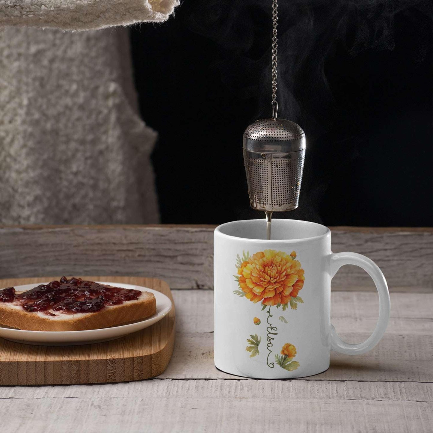 Unique Marigold Themed Ceramic Mug, Personalized Name Flower Accent Cup, Lovely Floral Coffee Mug 11oz 15oz, Custom Ceramic Mug For Flower Lover, Customized Marigold Decorative Cup