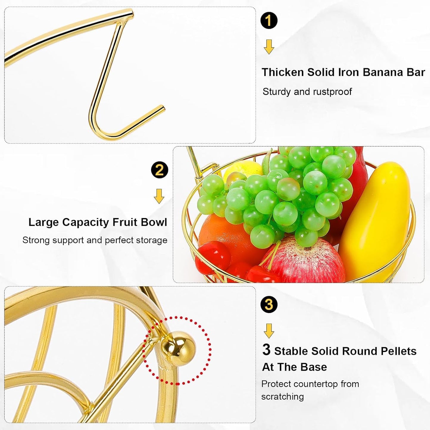 Livabber Countertop Fruit Basket Bowl with Banana Hanger, Modern Standing Fruit Vegetable Bowl Storage, with Banana Tree Holder for Kitchen Dinning Table (Round Metal, Gold)