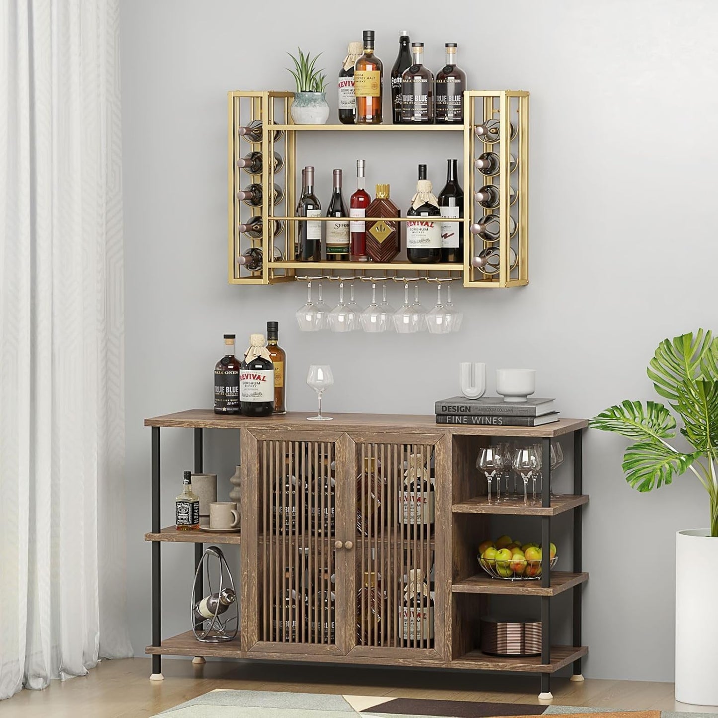 Wall Mounted Wine Rack, Hanging Floating Bar Liquor Shelves with Glass Holder, Metal Bottle Holder Wine Storage Display Shelf for Home Bar, Gold (40”W x 9.8”D x 21.65”H)