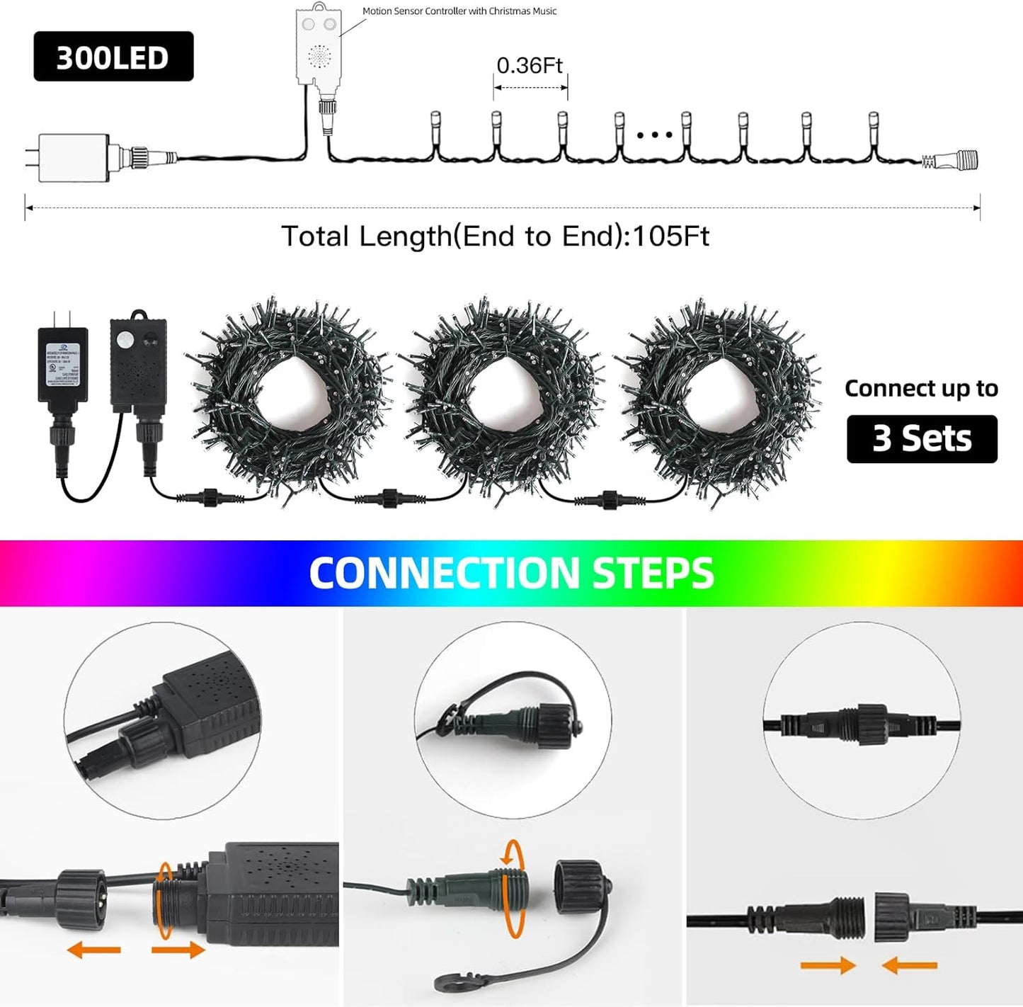 Music Motion Sensor Christmas String Lights 105FT 300 LED，Multicolour Christmas Tree Lights，End to End Plug In 6 Modes Decorative Light, No Timer；Waterproof for Indoor Outdoor Tree Party Decor