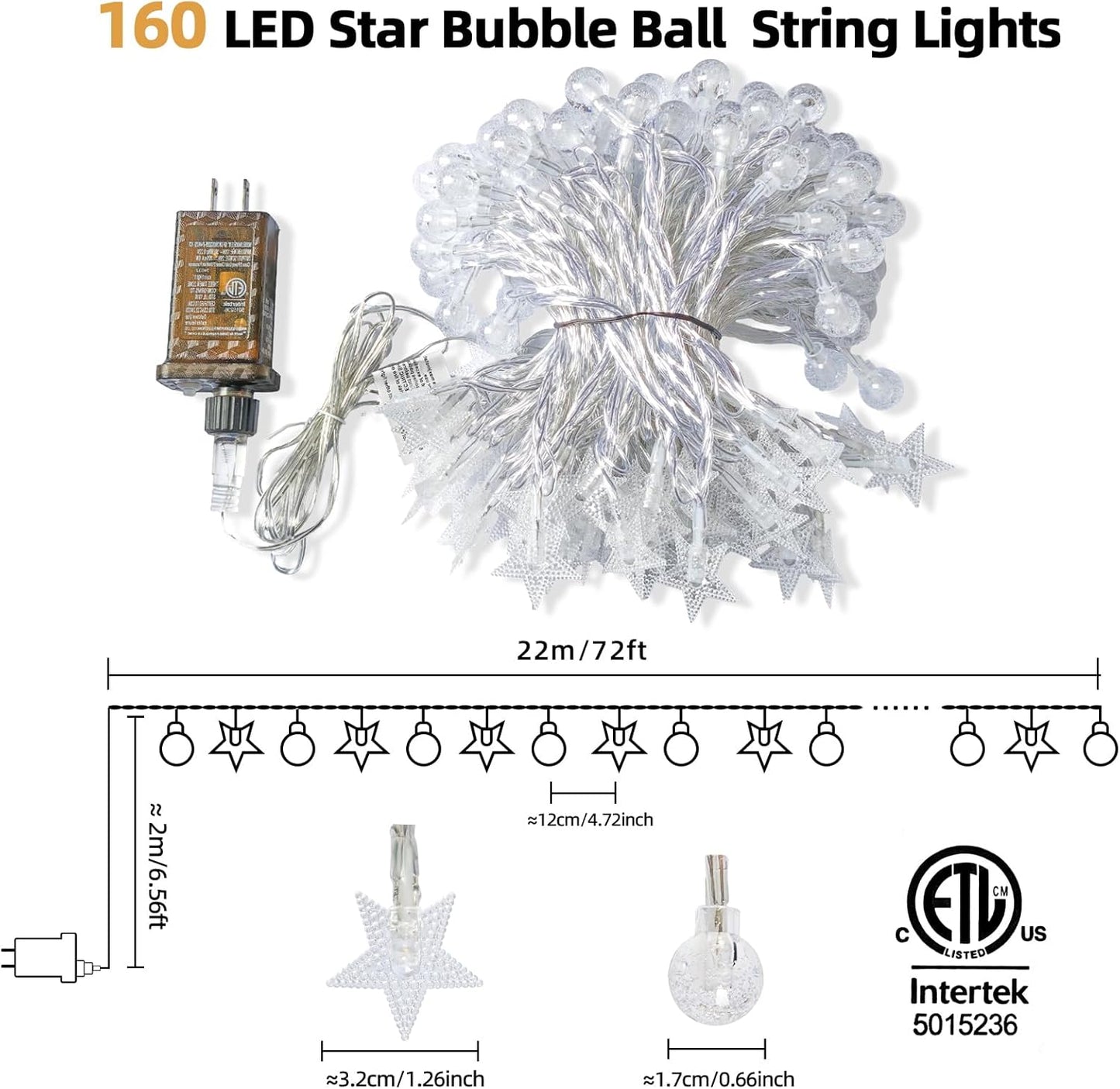 Crystal Globe & Star String Lights Plug in - 72 FT 160 LED Star Fairy String Lights with Remote Control Timer Waterproof Indoor Outdoor Hanging Globe Lights for Bedroom Wedding Party Patio Warm White