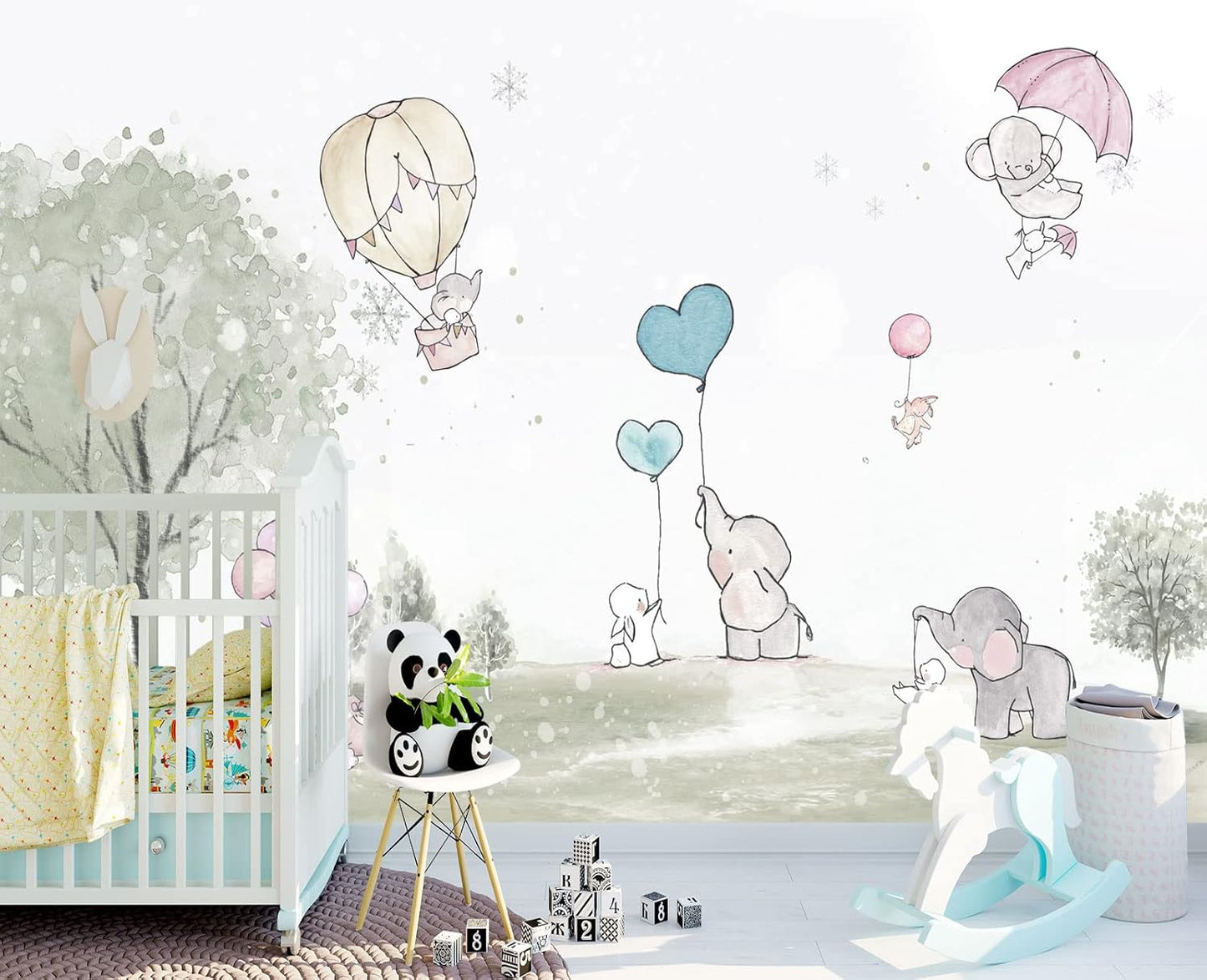 Cartoon Elephant Rabbit Balloon Nursery Wall Mural Wallpaper 178" x 117"