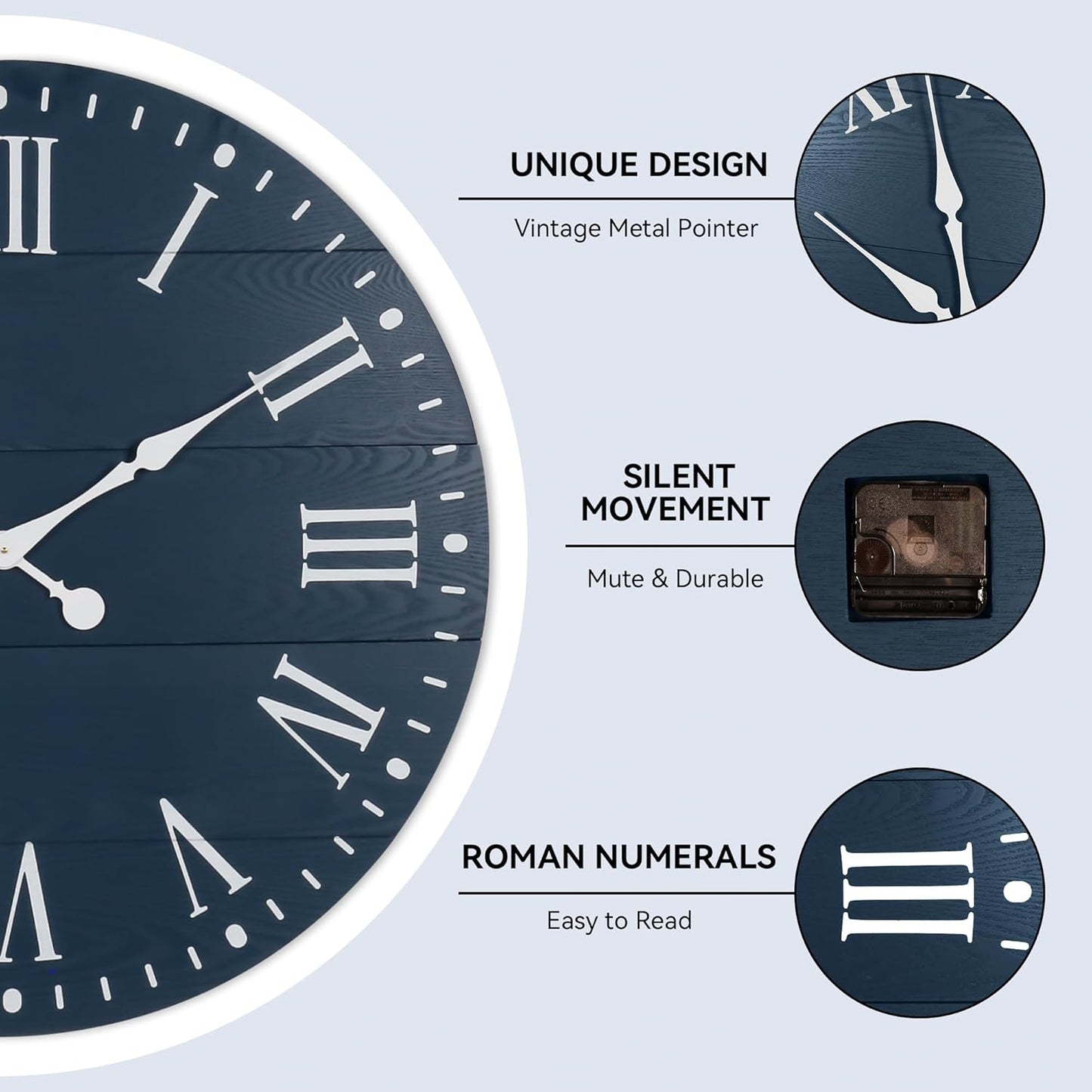 Large Wall Clock with Roman Numeral, 35” Shiplap Wall Clock Farmhouse Nearly Non-Ticking, Round Clock for Living Room Decor, Office, Bedroom, Entrance, Blue