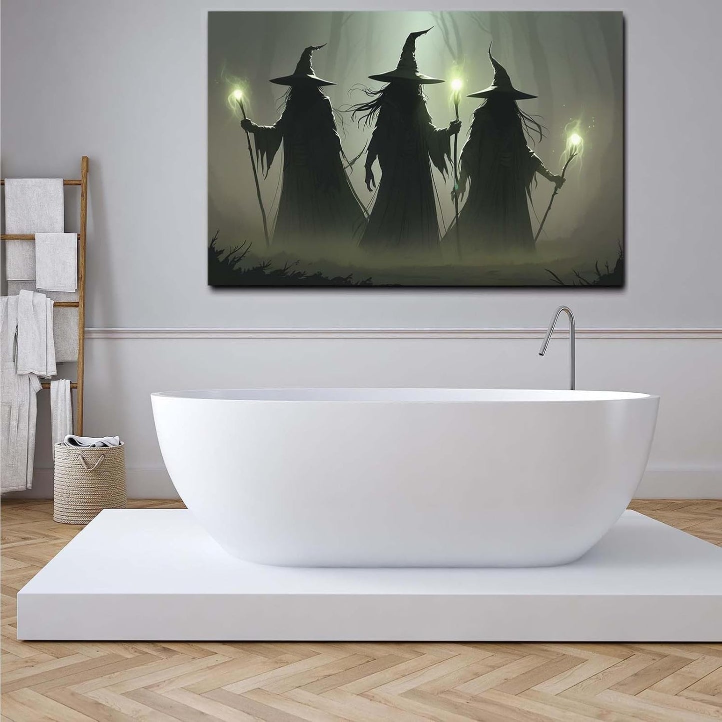 JFHCQJPK Vintage 3 witches canvas wall decor melancholy dark Halloween poster wall decor holding a staff print Gothic horror Halloween painting print for living room bedroom16x24in Frameless