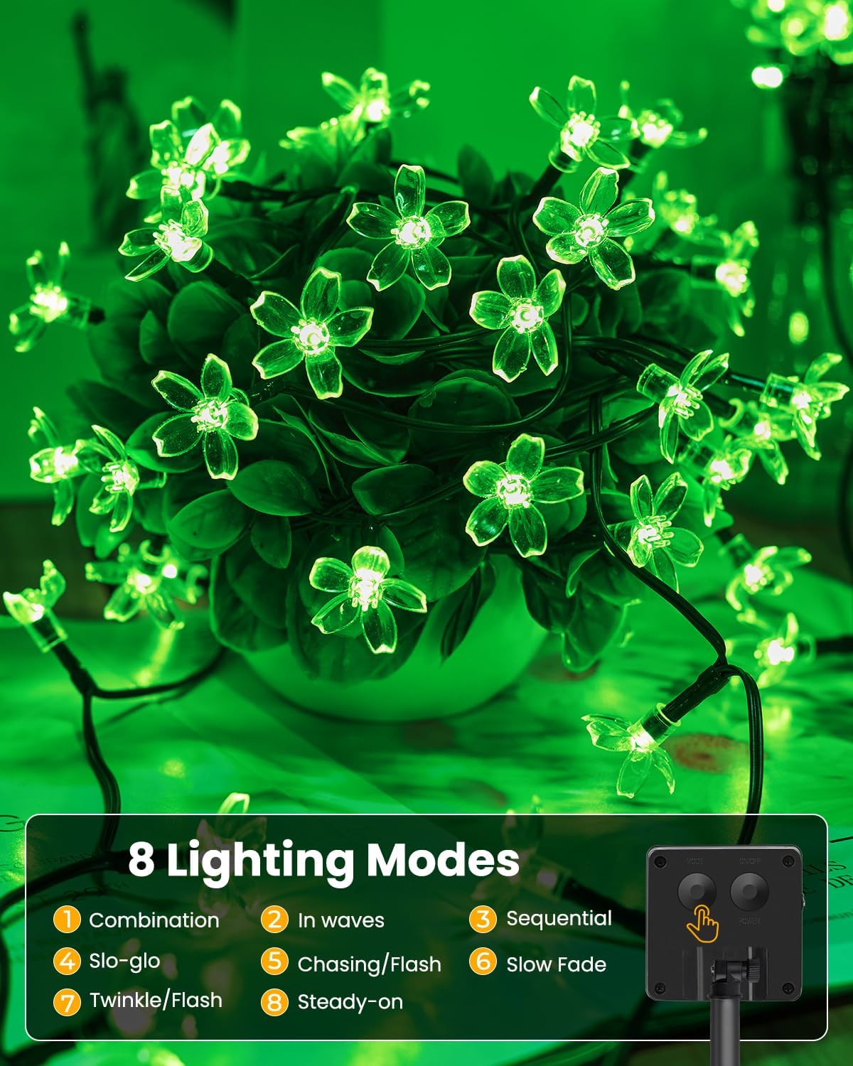 Brightown 60 LED Flower Solar Lights String Outdoor Waterproof Fairy Lights for Garden Yard Fence Patio Christmas Tree Wedding Party Decor, Green