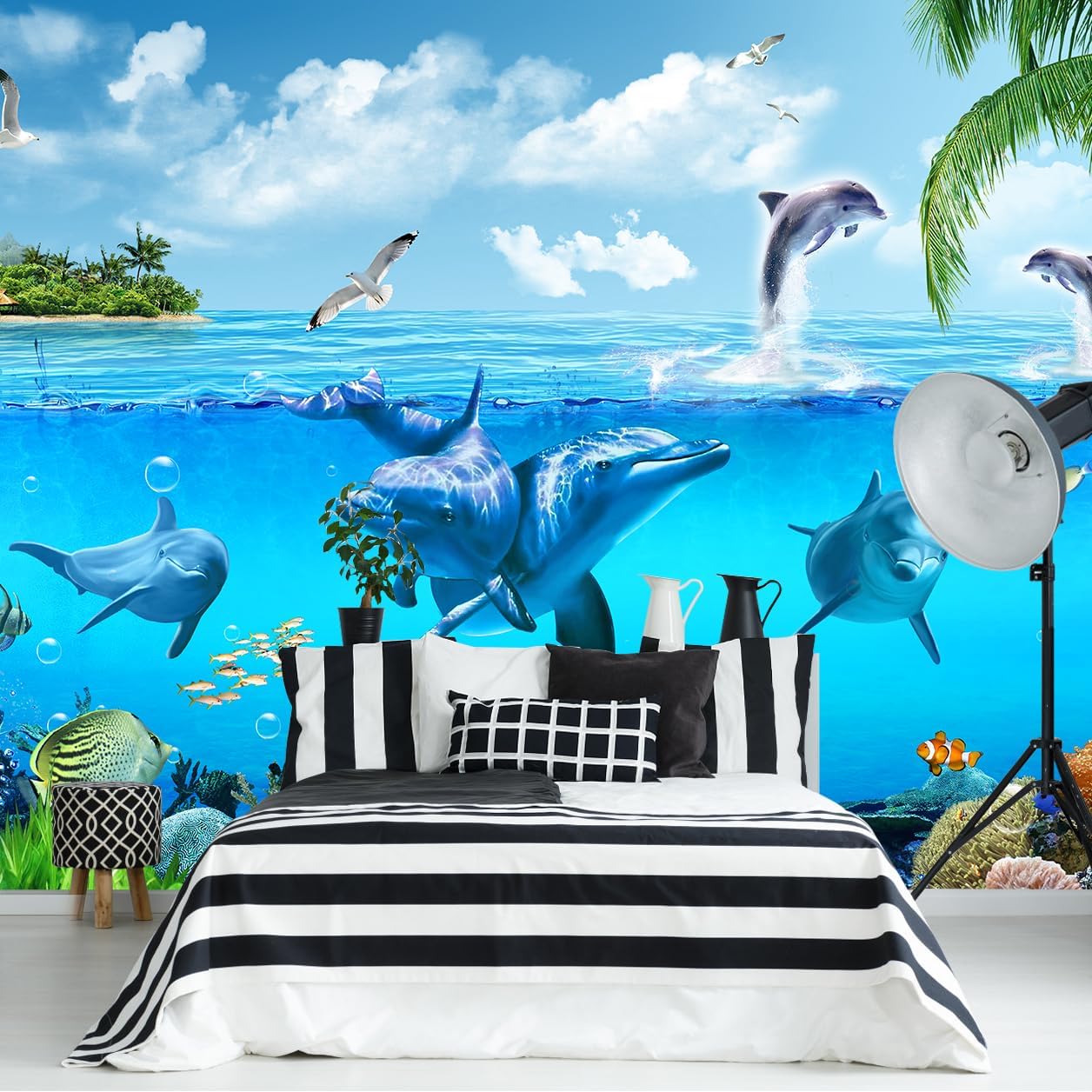 Ocean Wallpaper White Gull Dolphin Wall Mural for Bedroom Living Room (Not Peel n‘ Stick)