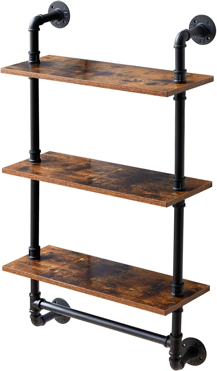 IBUYKE Industrial Pipe Shelf,40.5 inches Wall Mount Bookcase,3-Tier Wall Shelf with Towel Bar,Rustic Iron Pipe Floating Shelvesfor Bedroom,Kitchen,Living Room,Bathroom URF-TM015
