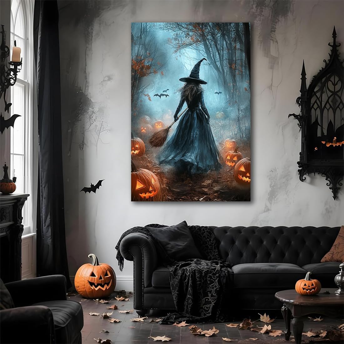 Vintage Moody Halloween Witch Artwork Wall Decor,Spooky Halloween Gothic Canvas Artwork Creepy Horror Witch with A Broom Pumpkin Bats Rustic Forest Picture,Dark Academia Poster,16"x24" Framed