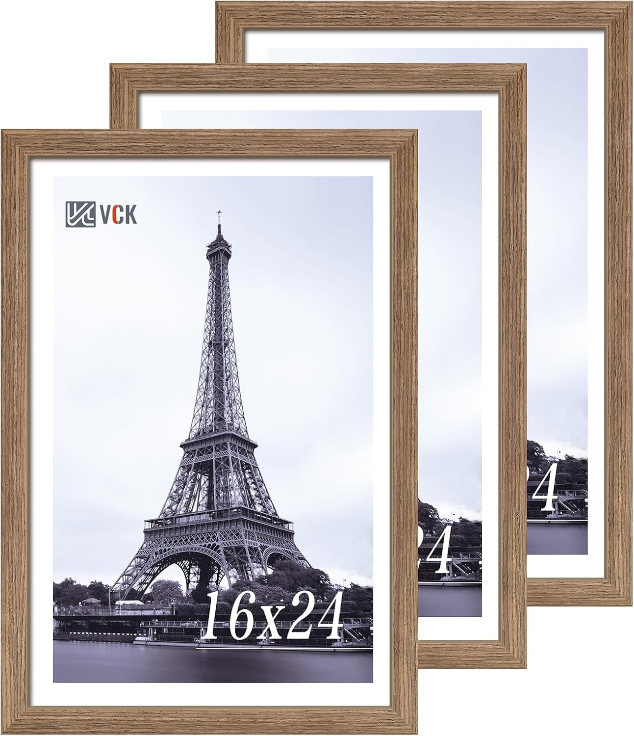VCK 16x24 Frame 3 Pack - Brown Walnut, Natural Textured Solid Wood Poster Picture Frame, Wall Mounting Hanging