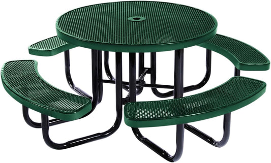 Heavy-Duty Portable Outdoor Picnic Table with Umbrella Hole, Punched Steel Commercial-Grade Patio Dining Furniture Made in America (46" Round Top, Textured Green)
