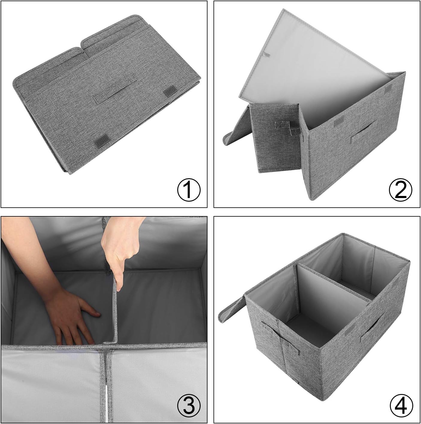 2 Pack Large Storage Boxes with Lids and Handles, Collapsible Linen Storage Bins Organizer Containers Baskets Cube with Removable Divider for Home Bedroom Closet Office (Grey, Large)
