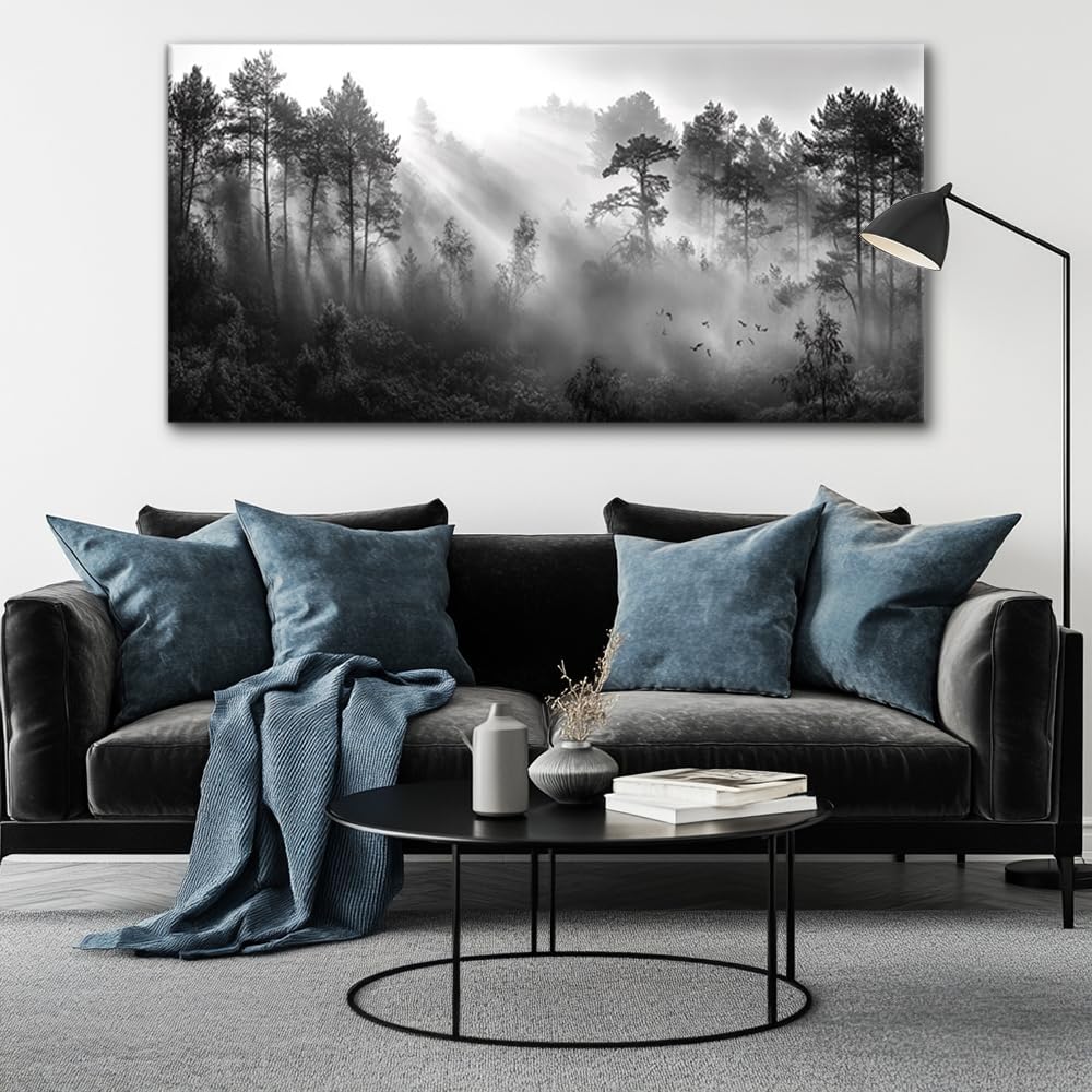 LASMOND Black and White Forest Wall Art for Living Room Modern Canvas Prints Artwork Picture Paintings Bedroom Office Home Decor (40x20 Inches)