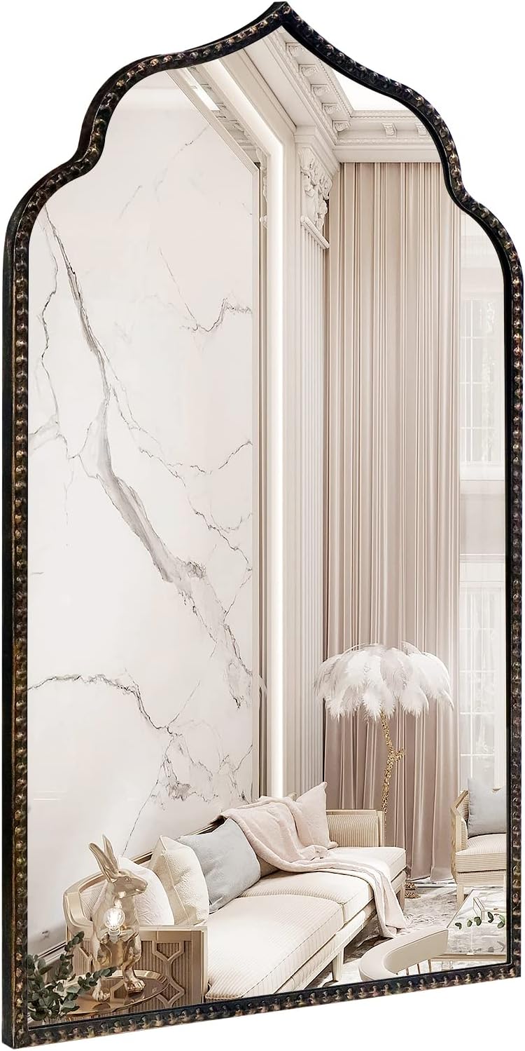 Arch Wall Mirror, 22" W x 38" H Marlowe Mirror, Metal Beaded Frame Large Modern Mirror,Antique Black