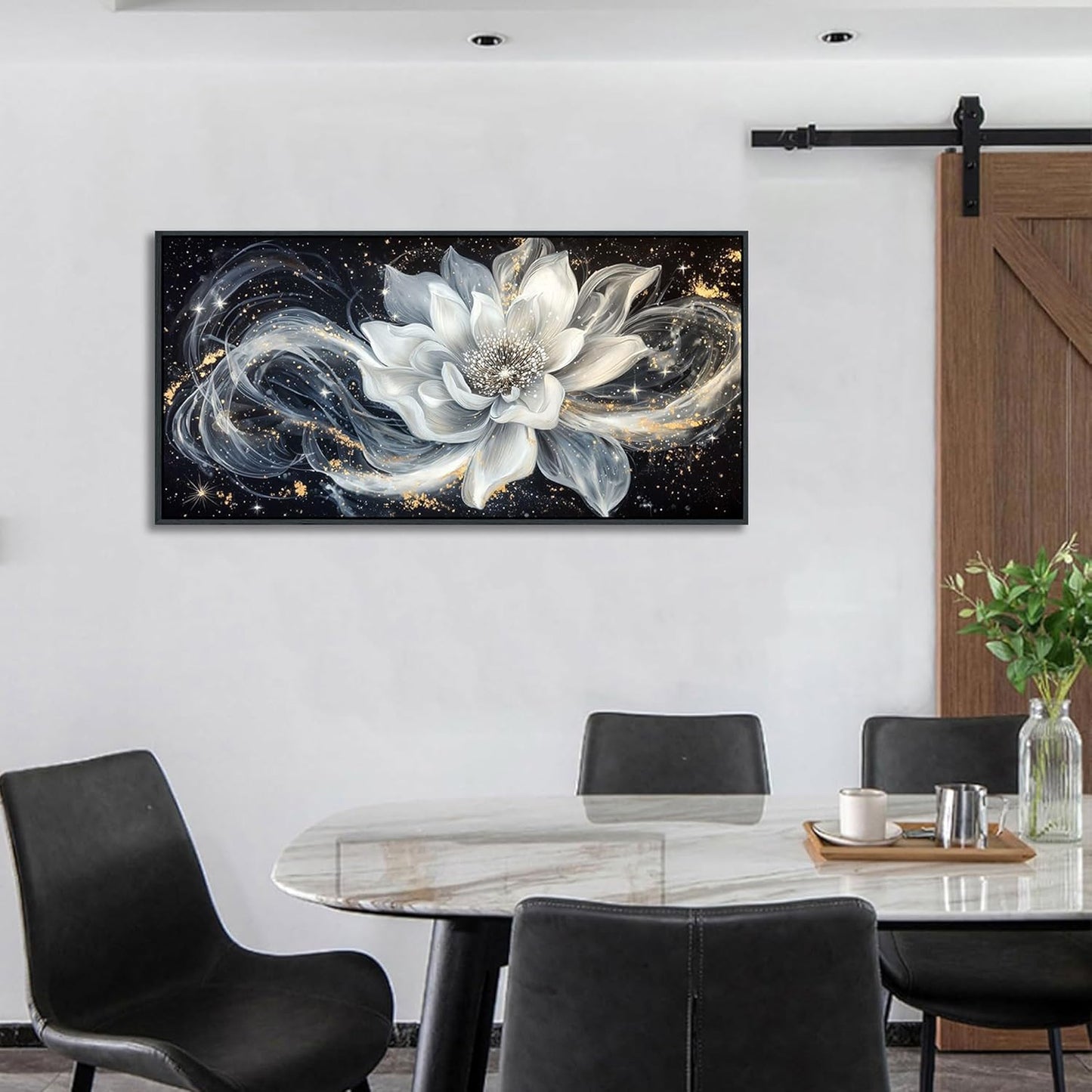 QZQCBLC Black and White Floral Wall Art, Abstract Lotus Flower Framed Canvas Painting White Gold Petals Modern Pictures Artwork for Living room Bedroom kitchen Bathroom Home Office Decor 20x40 IN