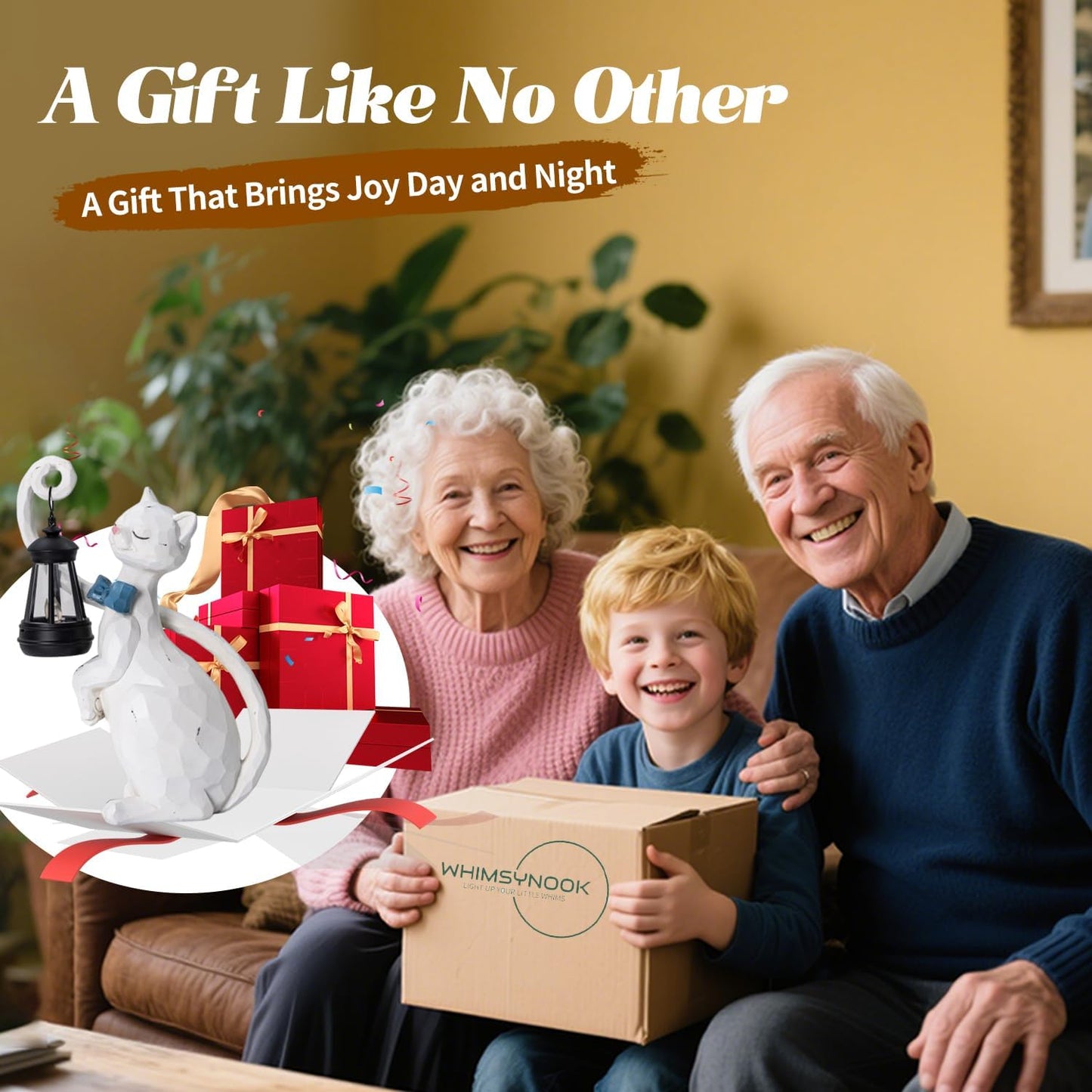 WHIMSYNOOK 10.7" White Cat Solar Garden Light Statue – Outdoor Garden & Yard Decor, LED Lantern, Gift for Cat Lovers