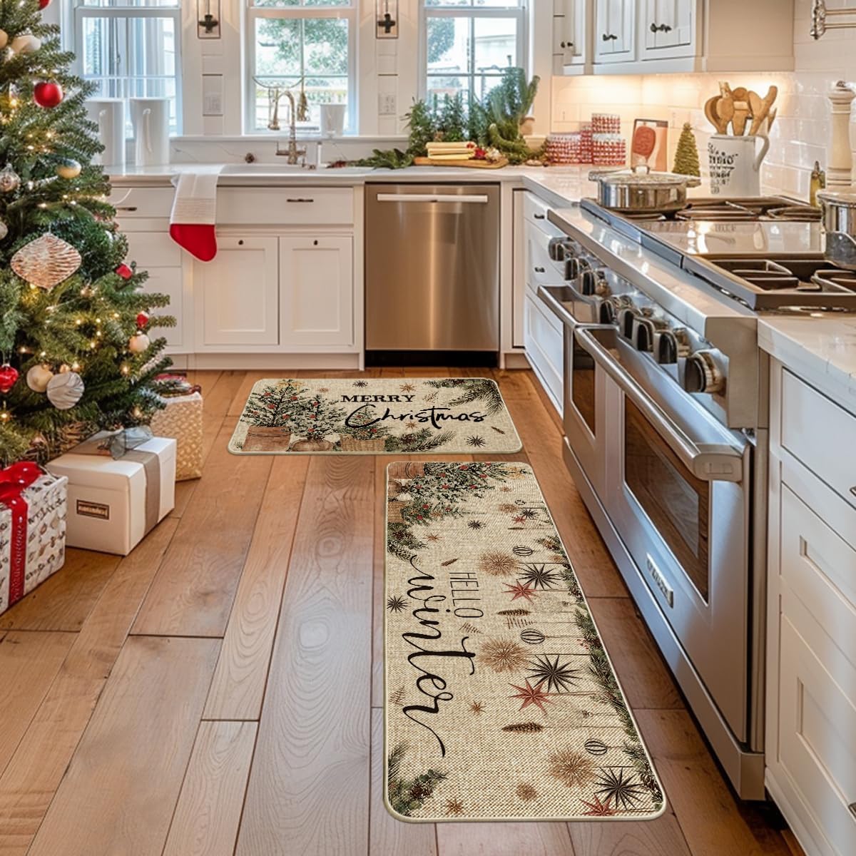 Artoid Mode Holly Ornament Merry Christmas Kitchen Mats Set of 2, Winter Home Decor Low-Profile Kitchen Rugs for Floor - 17x29 and 17x47 Inch