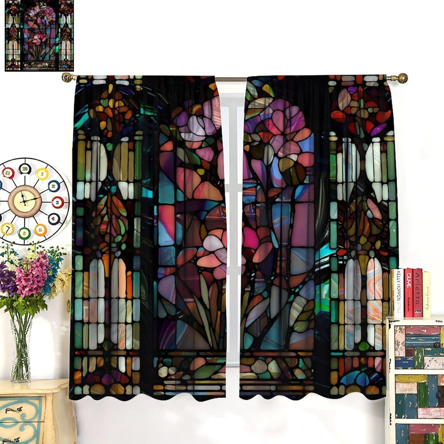 Stained Glass Curtains,Vintage Colorful Abstract Art Home Decor Drapes for Bedroom Living Room Kitchen Window Treatment 2 Panels Set Total Size 42" W X 45" L Inch