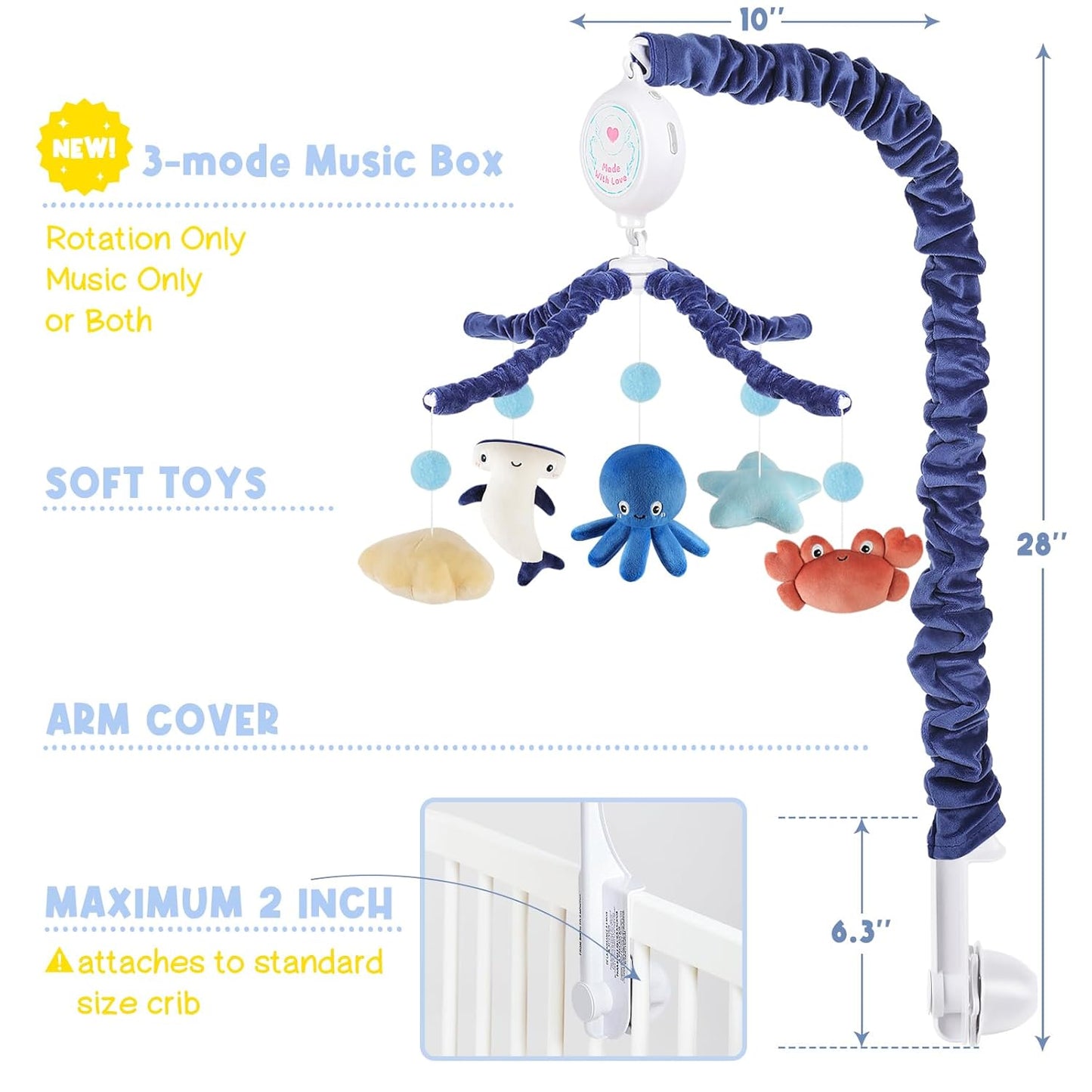 Ocean Crib Mobile for Boys & Girls – Baby Mobile for Crib with Upgraded 3-Mode Music Box, Sea Animals Baby Crib Mobile, Nursery Mobiles, Fits Standard Cribs