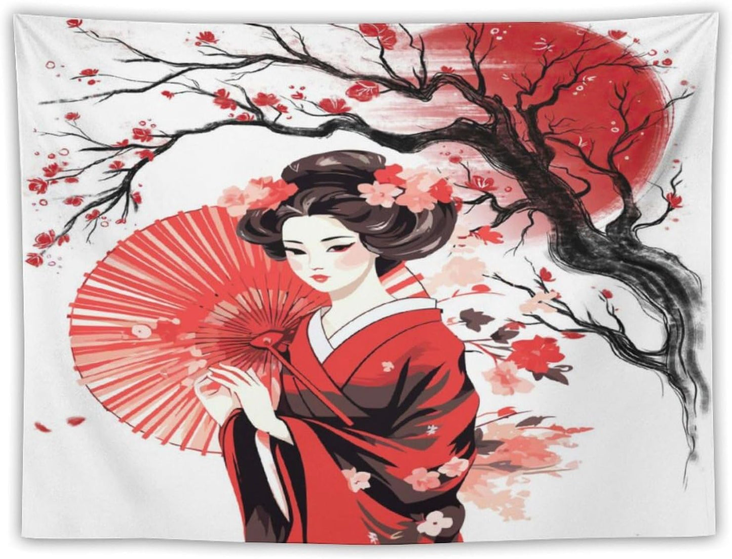 Japanese Red Geisha Tapestry Asian Cherry Blossom Traditional Kimono Folk Tapestries Home Decor for Living Room Bedroom Apartment Farmhouse Dorm 60"x50"