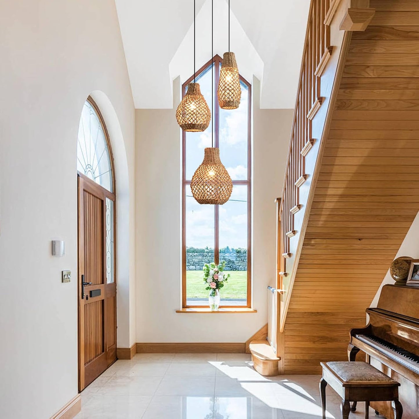 Boho Rattan Pendant Light,3 Light Coastal Woven Wicker Ceiling Hanging Farmhouse Chandelier for Kitchen Island Living Room Dining Room