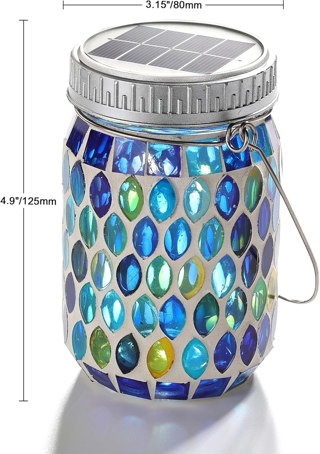 Cooo 4 Pack Mosaic Lanterns Outdoor Waterproof with 215% Larger Solar Panel, Never Rust Lids, True Capacity Battery- Solar Mason Mosaics Jar Lantern for Patio Garden Yard Balcony Hanging or Table