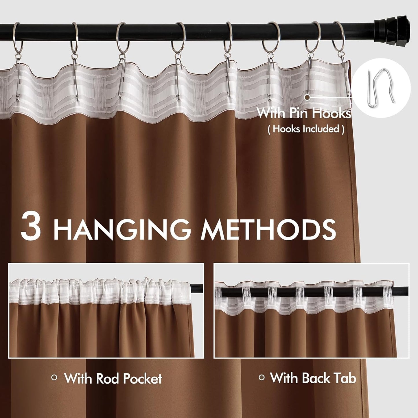 MIULEE Back Tab Blackout Curtains 90 Inch Long 2 Panels Set for Living Room Bedroom, Rod Pocket/Pinch Pleated Thermal Insulated Room Darkening Light Blocking Curtain, 52 x 90 Inch, Cappuccino Brown