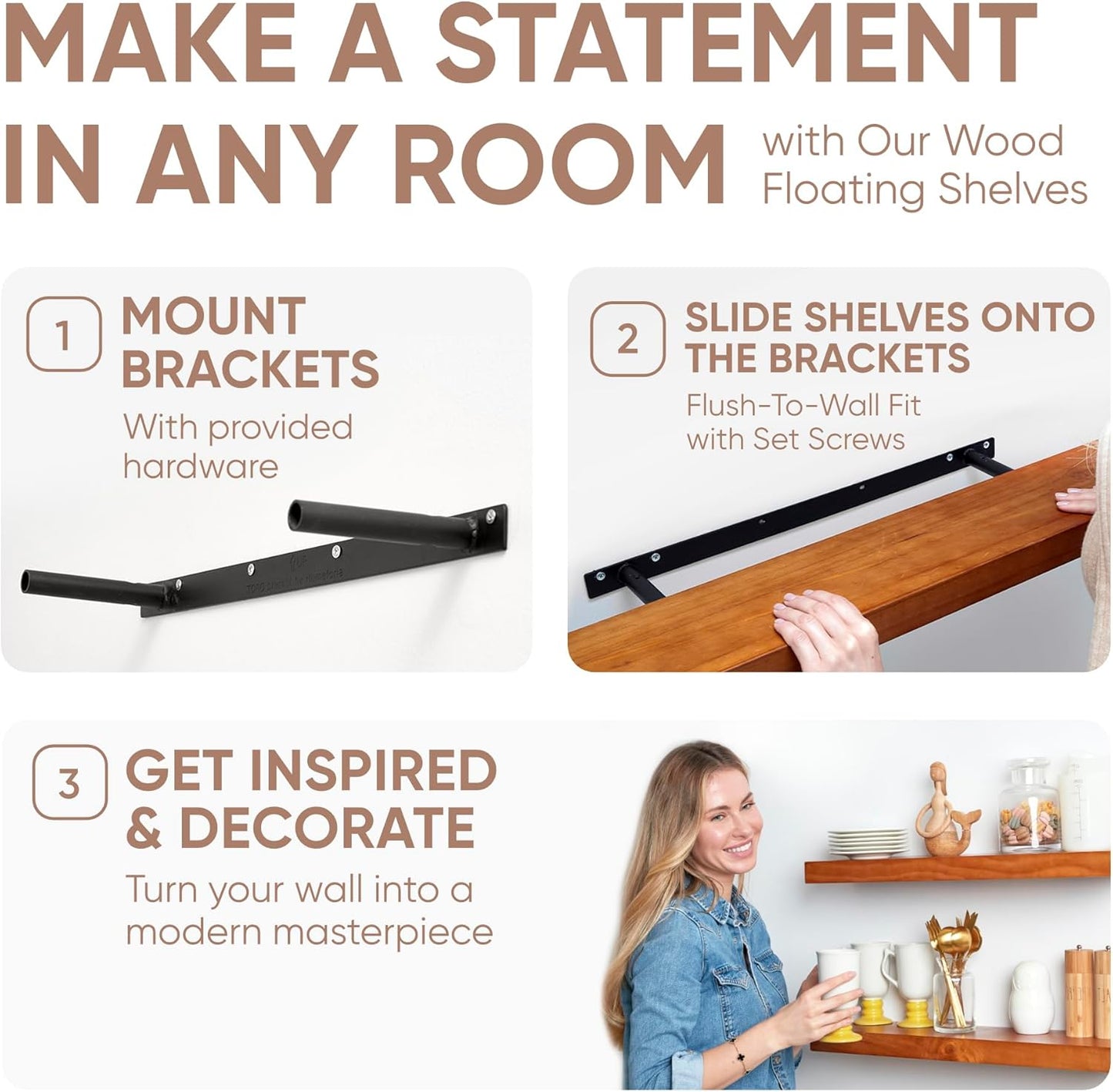 Homeforia Floating 60 inch Oak Shelves, High End Solid Real Wood 60inch Floating Shelf for Wall Mounted, Honey Oak Wooden 60in Large Floating Shelves, Heavy Duty Bracket, 60 X 6.5 X 1.75 in, Set of 2