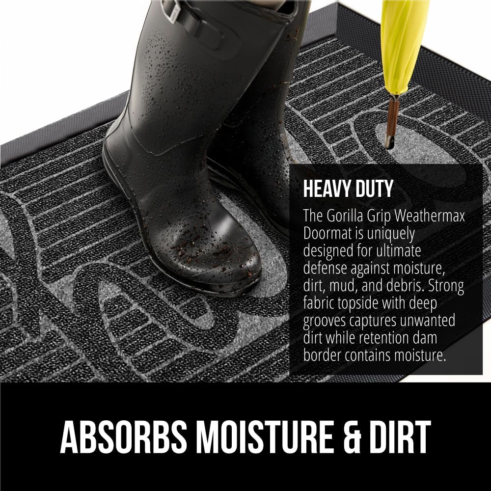 GORILLA GRIP 100% Waterproof All-Season WeatherMax Doormat 35x23, US Designed Natural Rubber, Stain and Fade Resistant, Low Profile Indoor Outdoor Door Mats, Easy Clean Patio Mat, Charcoal Hello