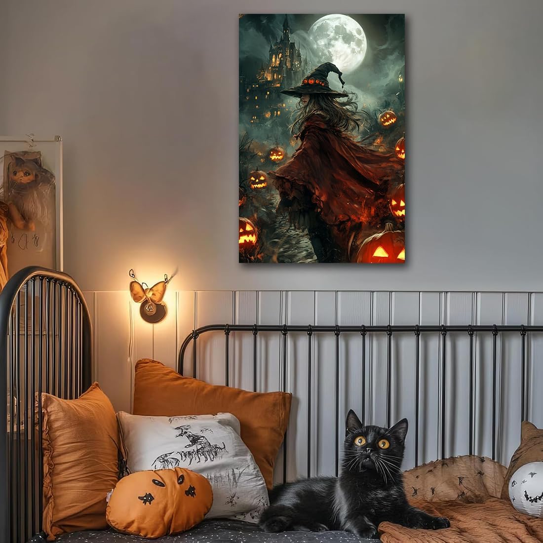Dark and Moody Gothic Witch Poster Wall Art,Vintage Rustic Witch in Cloak with Castle Pumpkin Road Dark Gothic Poster,Goth Spooky Season Halloween Prints for Fantasy Office,24"x36" Framed