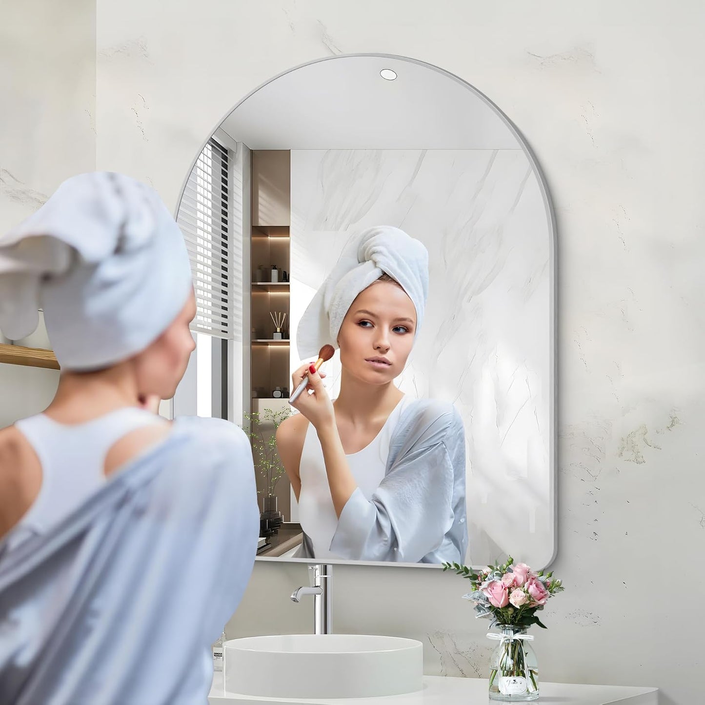 Arched Bathroom Mirror, 30"x40" Silver Arched Mirror, Wall Mounted Mirror, Silver Vanity Wall Mirror w/Metal Frame for Bedroom, Entryway, Living Room, Vertically Hanging or Leaning Against