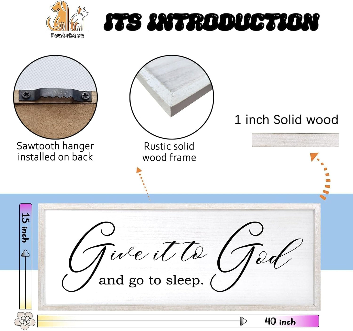 Give It To God And Go To Sleep Sign Wall Decor 40x15 Inch Large Farmhouse Master Bedroom Above Bed Hanging Wall Art Rustic Guest Room Wood Framed Over Bed Wall Decoration (White)