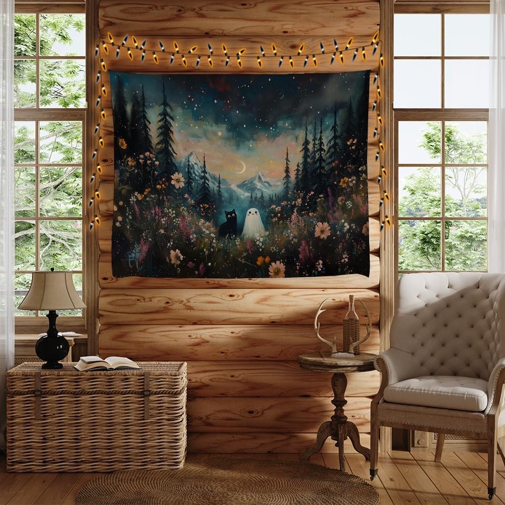 Whimsical Halloween Tapestry Wall Hanging Ghost and Black Cat in Magical Forest Wildflowers Meadow Tapestry Art Print Charming Spooky Fall Season Tapestries for Living Room Bedroom Decor 50x60inch