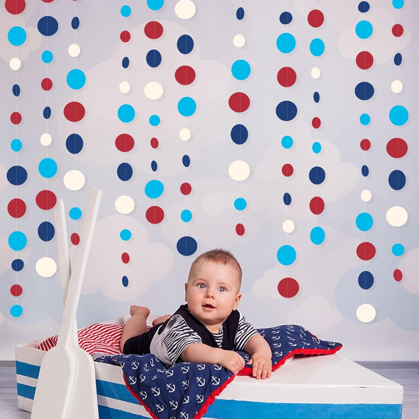 Nautical Party Decorations Circle Dot Garland Navy Blue Red White Hanging Paper Polka Dot Streamer for Nautical Pirate Ahoy Achor Baby Shower Birthday Wedding Bridal Shower Bachelorette Party Supplies