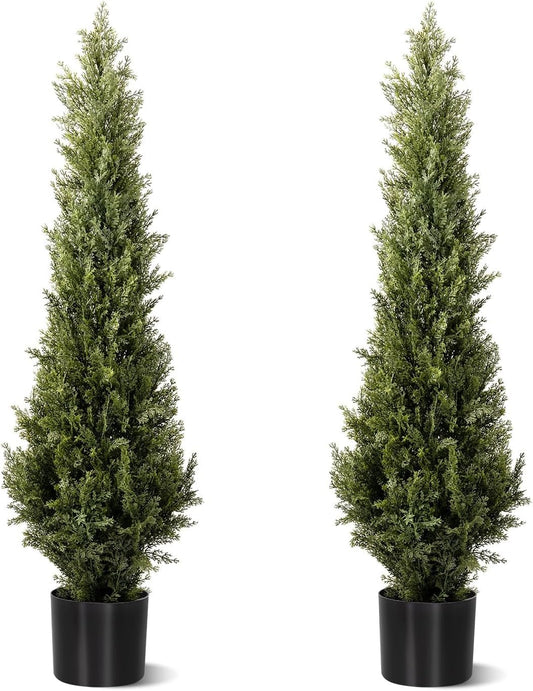 Artificial Cedar Topiary Trees 2 Set, Realistic Fake Cypress Tree Tall Faux Pine Shrubs Plants Artificial Cypress Trees for Home Offices Porch Decor (Cedar Topiary Trees, 5FT)