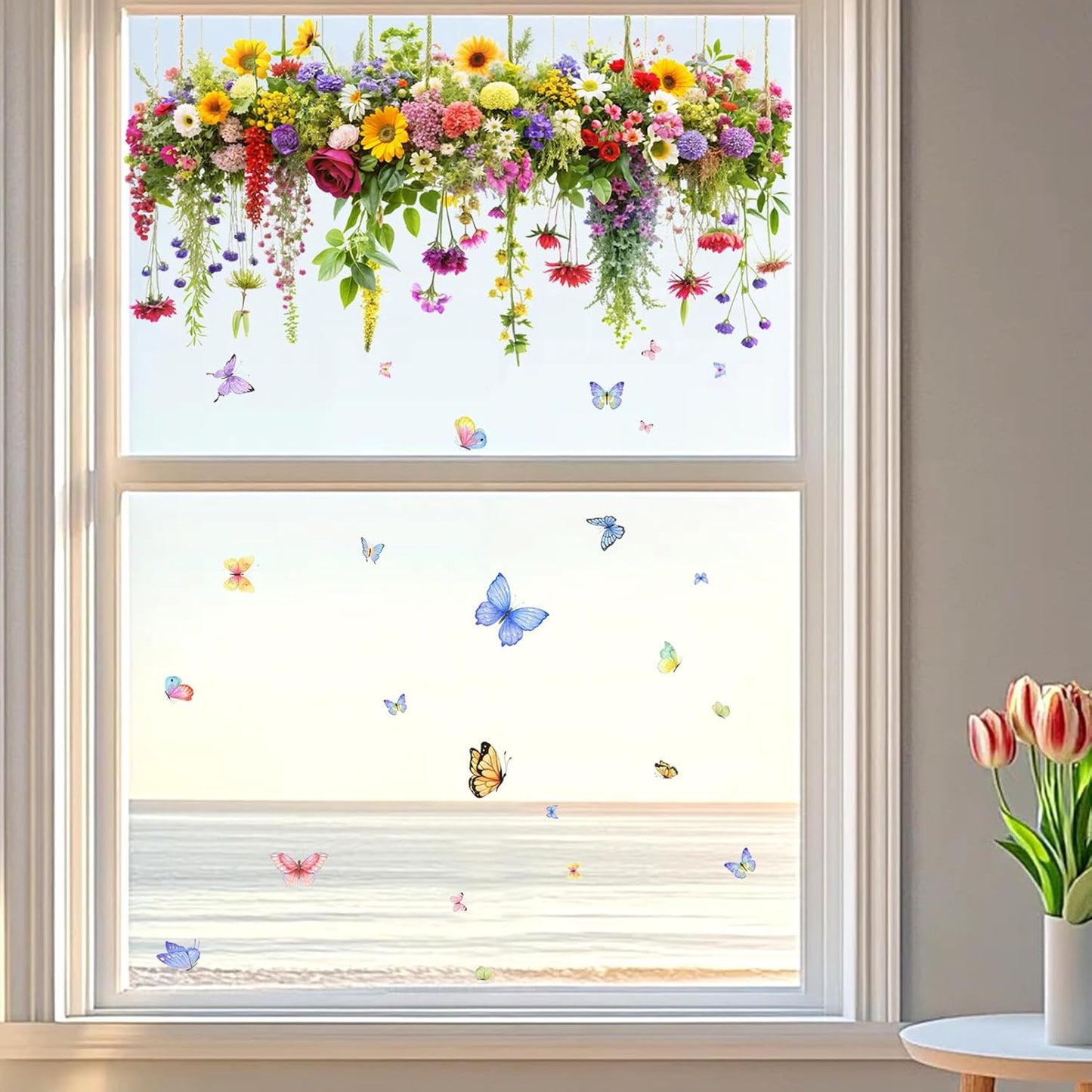 2 Set Colorful Floral Bouquet Window Stickers, Flower Butterfly Window Clings for Glass Windows,Floral Windows Film, Window Decals for Home Kitchen Bathroom Office Decoration