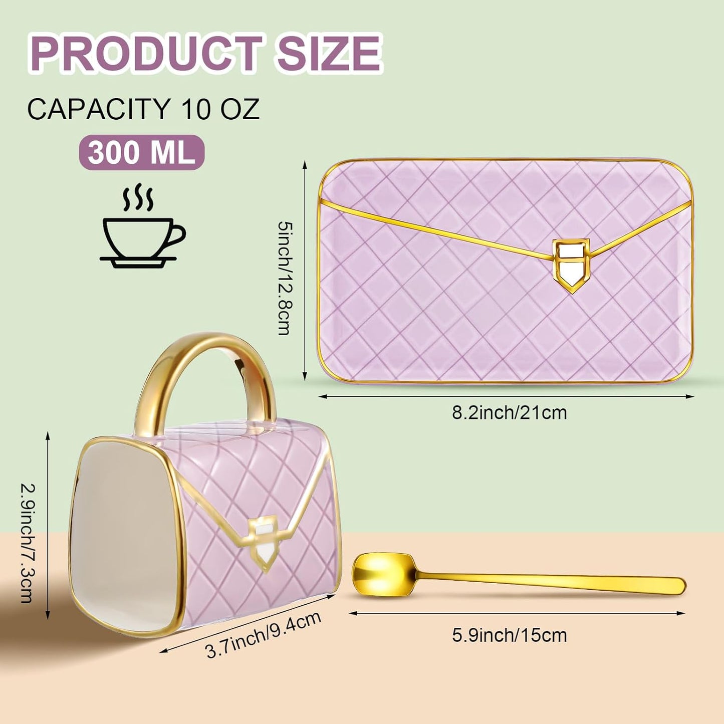 Zubebe 1 Set Coffee Mug Elegant Handbag Shaped Cup Modern Ceramic Purse Mug with Spoon and Saucer, 10oz Cute Creative Tea Cup for Office Home Woman Girls Gift (Purple)