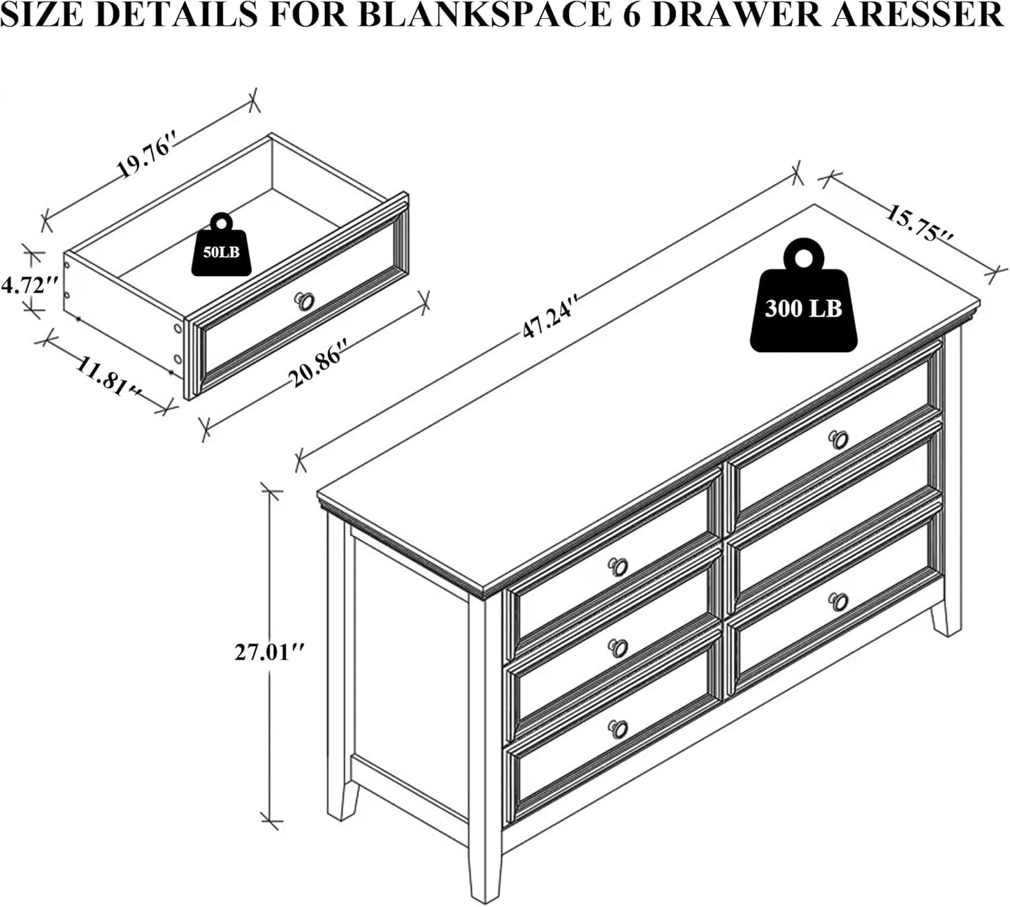 BLANKSPACE Black 6 Drawer Dresser, Modern Dresser for Bedroom, Wood Drawer Organizer with Metal Knobs, Large Capacity Wood Cabinet for Bedroom, Hallway