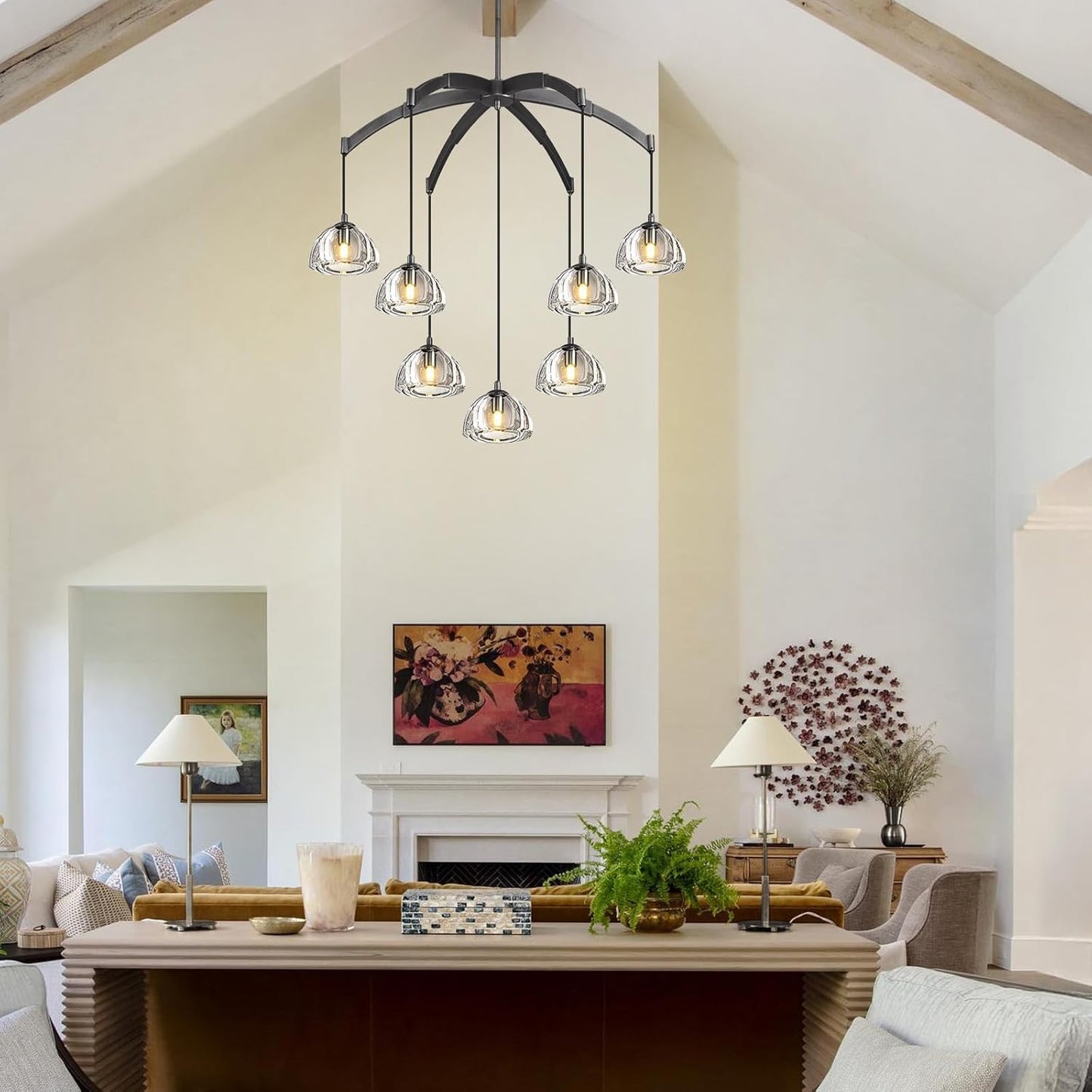 Modern Crystal Chandeliers, Black Round Chandelier for Dining Room, Large Arc Chandelies for Living Room, 7-Light Dining Room Light Fixture 34" Pendant Light Chandelier for Staircase Bedroom