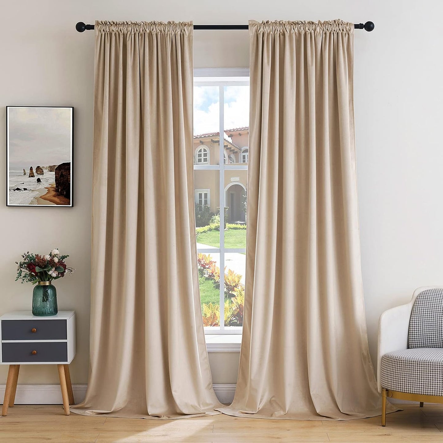 MIULEE Camel Beige Velvet Curtains Thermal Insulated Blackout Curtain Drapes for Bedroom Living Room Darkening 90 Inches Long Curtains Panels Rod Pocket Set of 2