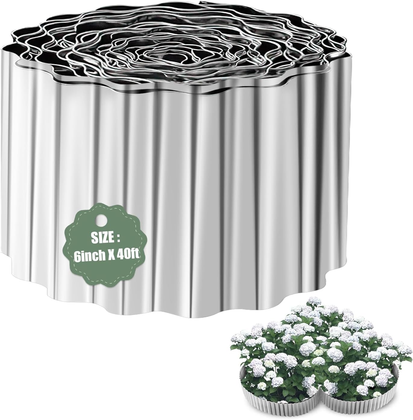 Corrugated Metal Garden Edging - 6 Inch X 40 FT Landscape Edging Border, Flexible Border for Garden Fence, Flower Bed, and Lawn (Silver)