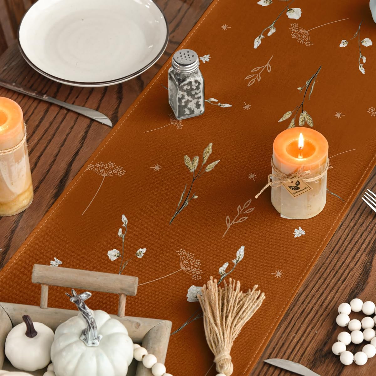 Artoid Mode Orange Pumpkins Leaves Flowers 210 GSM Fall Table Runner, Seasonal Autumn Kitchen Dining Table Decoration for Home Party Decor 13x36 Inch