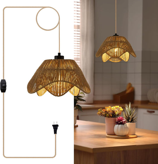 Plug in Pendant Light, Boho Rattan Hanging Lights with Plug in Cord,Rustic Hand Woven Wicker Hanging Lamp with On/Off Switch, Adjustable Plug in Ceiling Light for Kitchen Bedroom Living Room