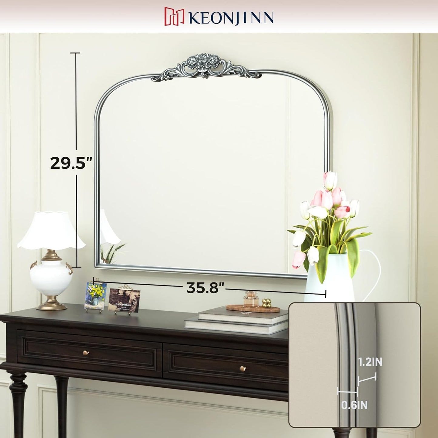 Keonjinn Vintage Mirror for Wall, 36" x 30" Silver Antique Mirrors with Metal Frame, Baroque Style Decoration for Mantle, Bathroom, Living Room, Fireplace, Bedroom, French Cleat Mounting