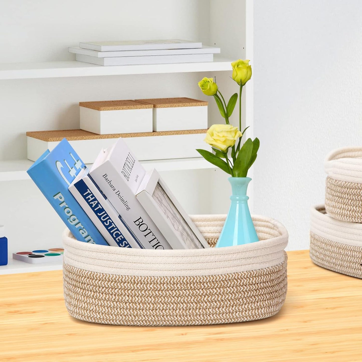 7 Piece Cotton Rope Woven Basket Set - Small Basket for Baby Nursery, Pets, Montessori, Dog & Cat Toy Boxes, Bathroom Organization Bins (White/Brown)