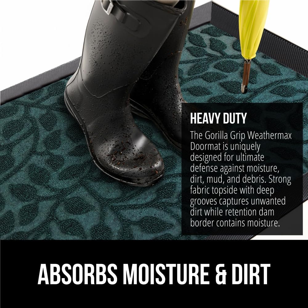 GORILLA GRIP 100% Waterproof All-Season WeatherMax Doormat, 72x24, US Designed Natural Rubber, Stain and Fade Resistant, Low Profile Indoor Outdoor Door Mats, Easy Clean Patio Mat, Moss Vine Leaves