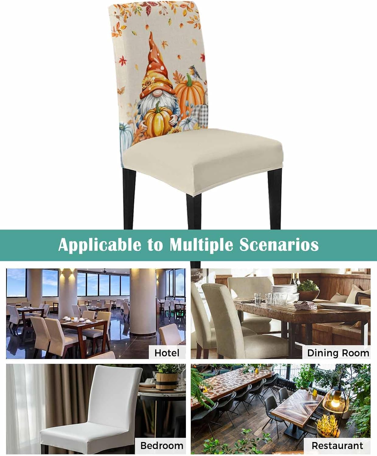 6 Pcs Dining Chair Covers Stretch Spandex Slipcovers Farm Thanksgiving Gnome Pumpkin Removable Washable Dining Room Seat Cover Cushion Protector for Home Hotel Banquet Decor Fall Maple Leaves Linen