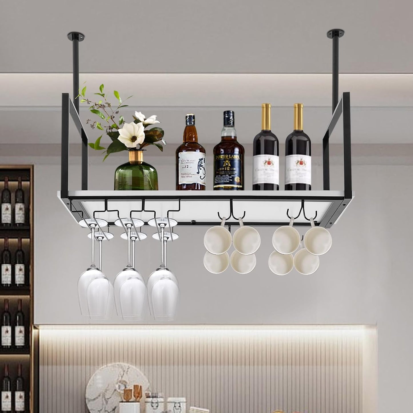 Hanging Wine Rack with Glass Holder and Shelf Metal Ceiling Bar Wine Glass Rack Industrial Wall Mounted Floating Shelve Perfect for Bar Cafe Kitchen Restaurant