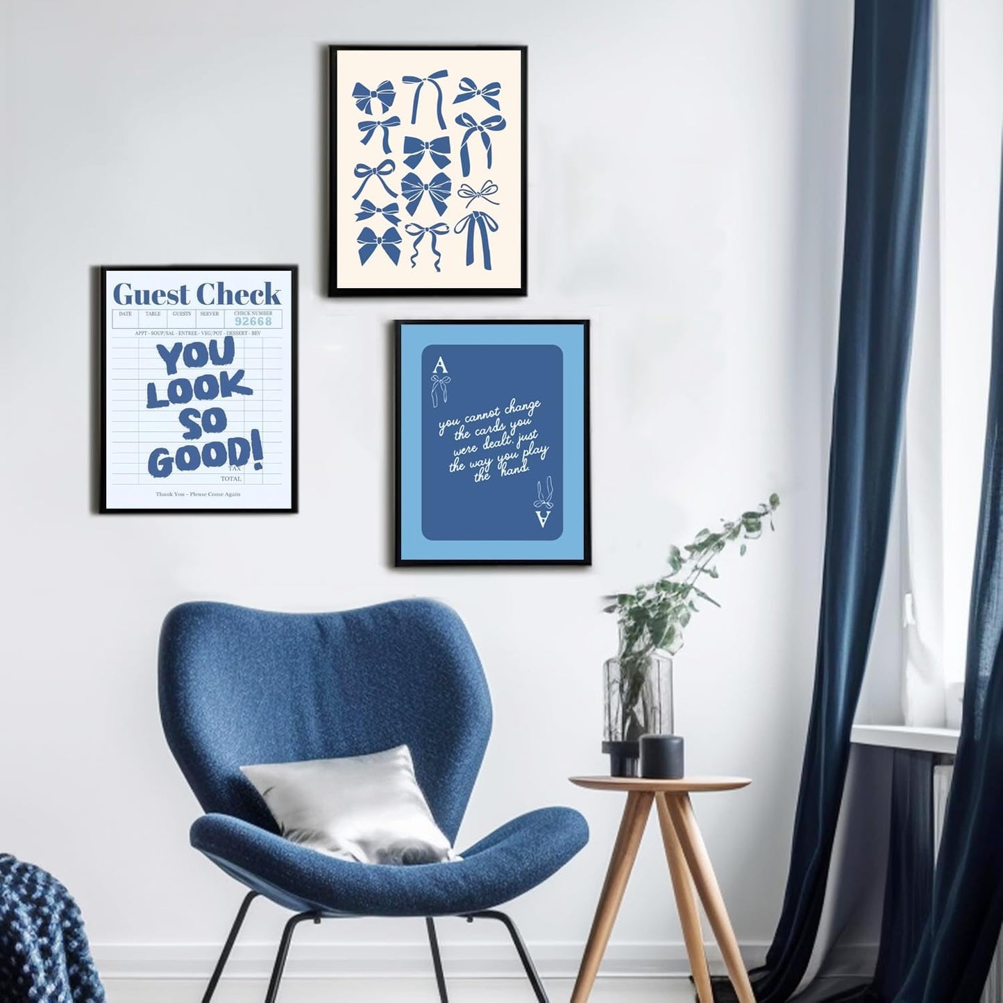 Blue Preppy Wall Art Set of 3 Trendy Navy Bow Posters Retro Guest Check Canvas Prints Poker Painting Minimalist Positive Quote Picture Decor Aesthetic for Living Room Dorm Apartment 12x16in Unframed